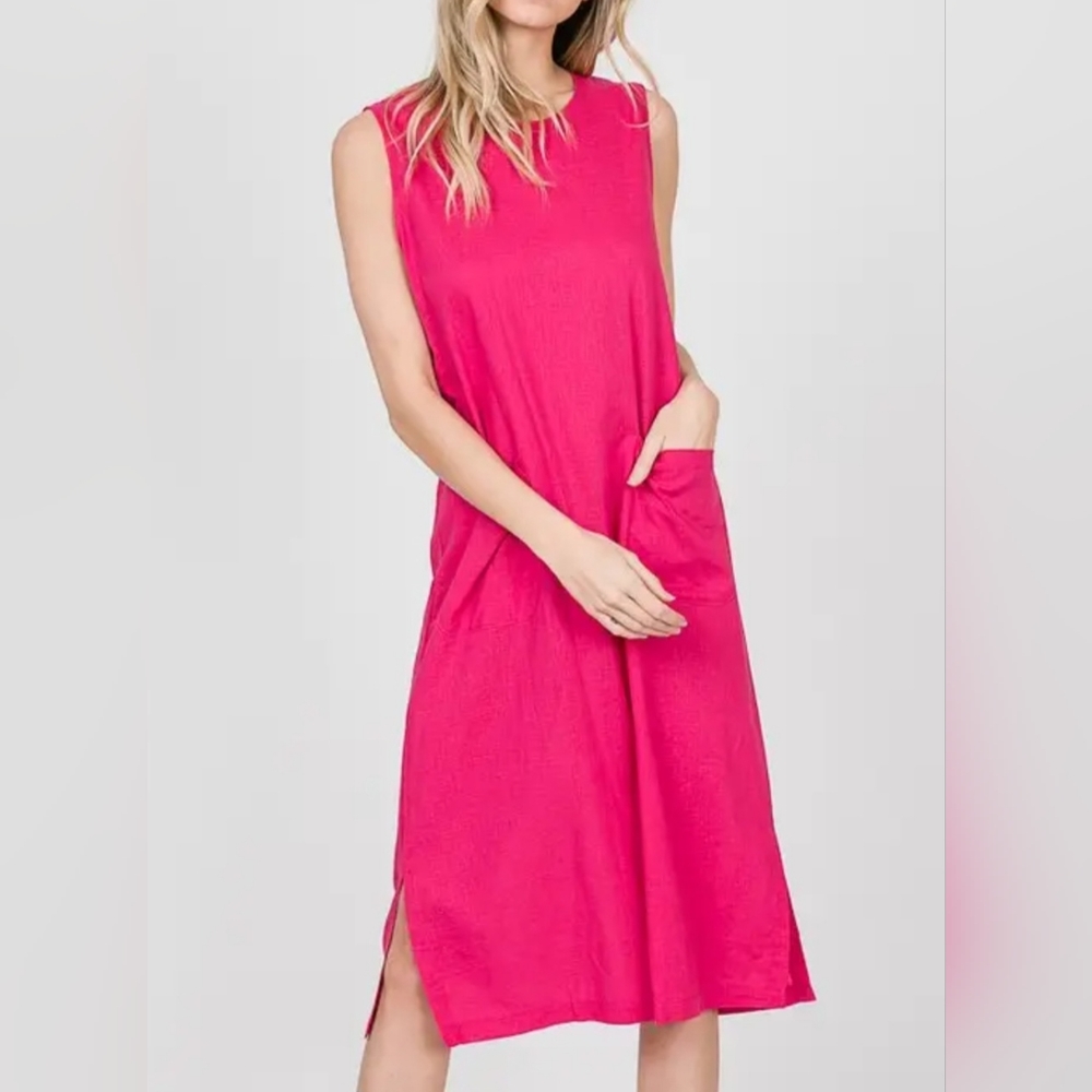 #36 SALE 🛑28 S,M,L FINAL PRICE Linen Blend Front Pockets Sleeveless Midi Dress - Picture 8 of 14